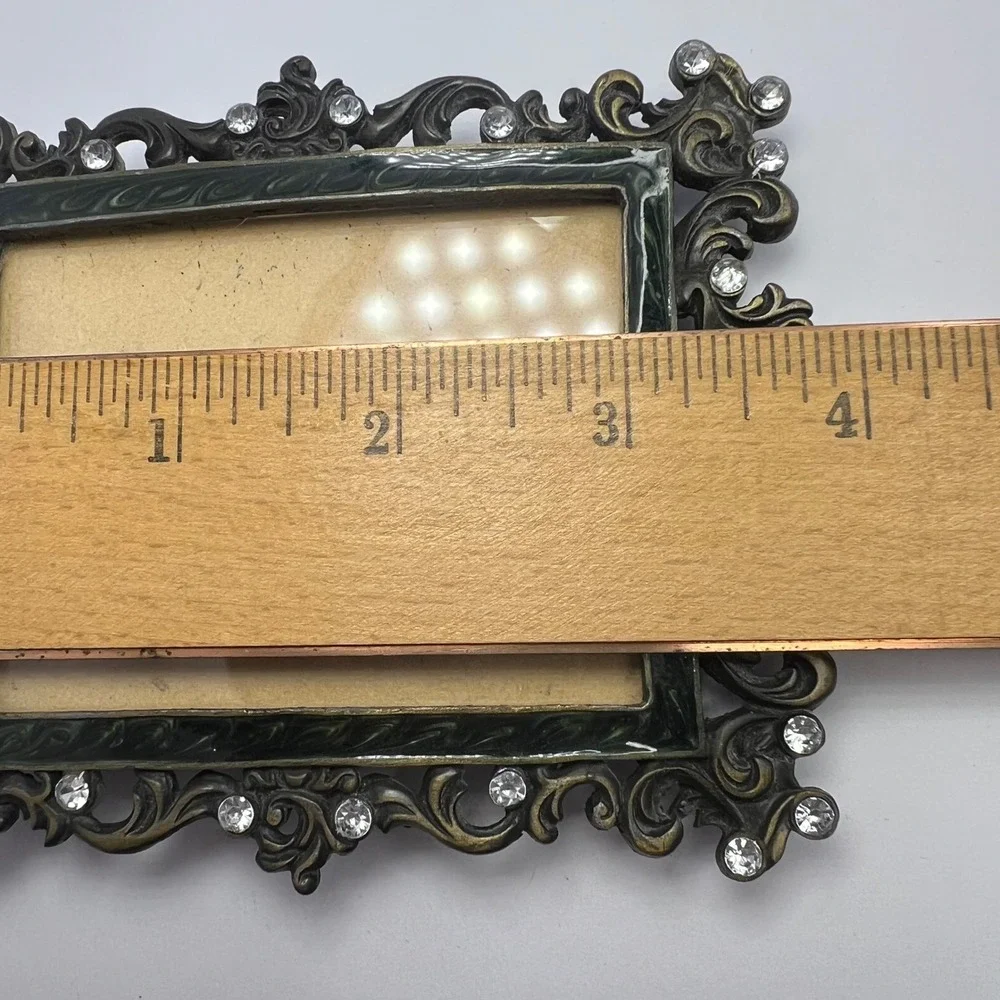 Ornate Bejeweled Frame Bronze Color 3.25 x 2.25 Vintage Green Enamel Baroque